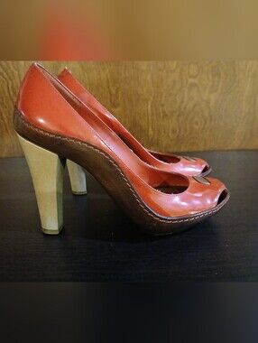 vintage CELINE red & brown patent leather wood heels